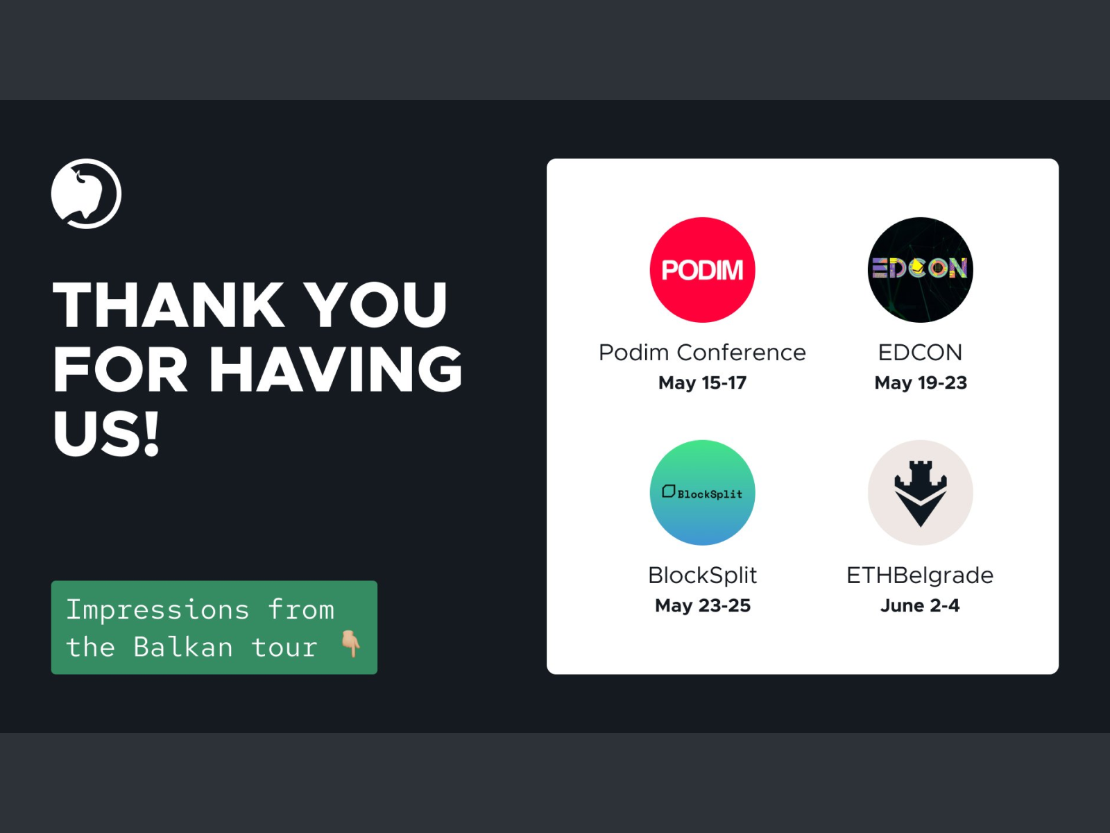 Bizzllet 'Thank you for having us' slide from the Balkan conference tour.