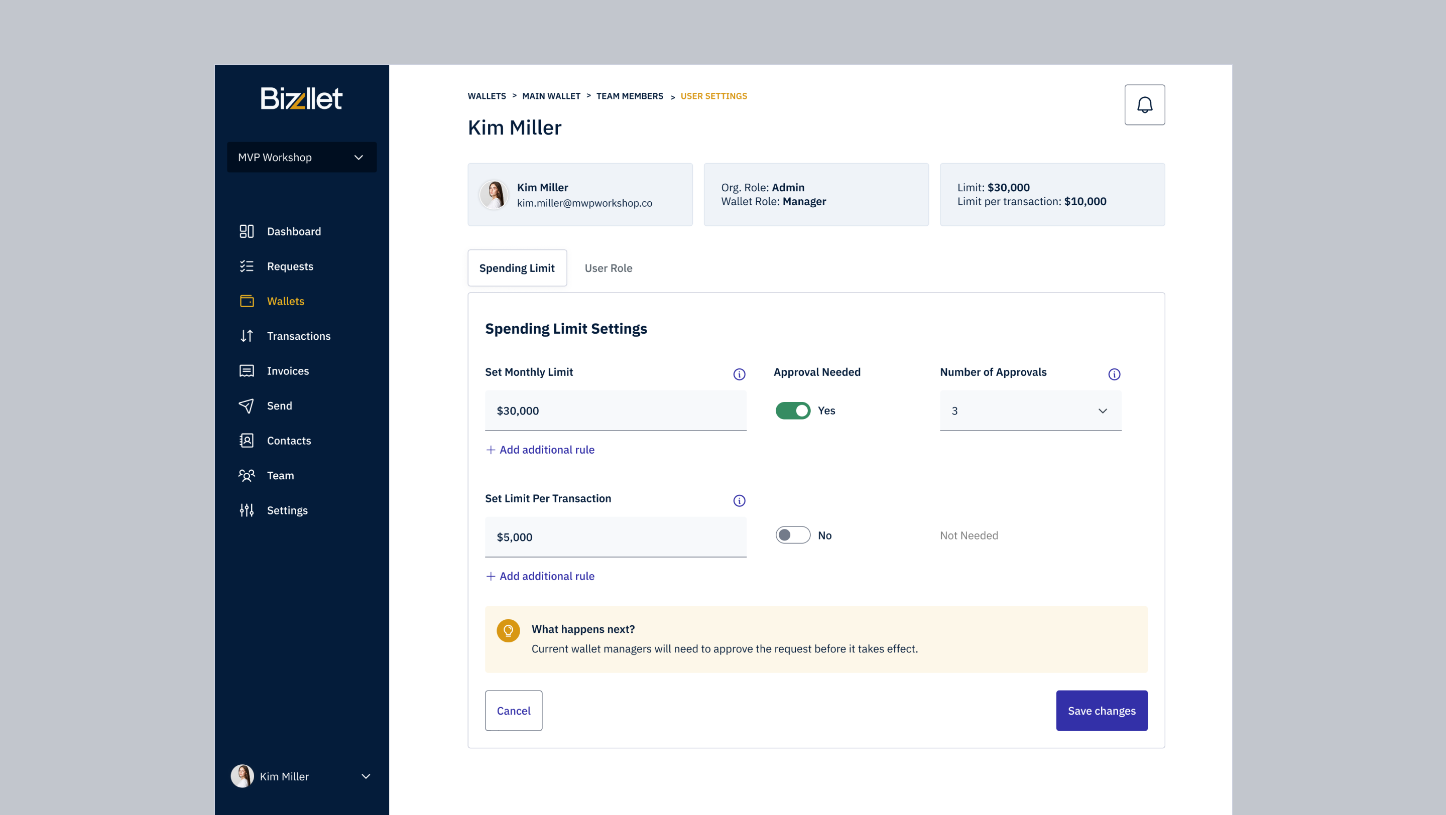 Bizzllet user-settings screen — editing a team member's wallet role between Manager and Viewer, with spending limits and an approval note.