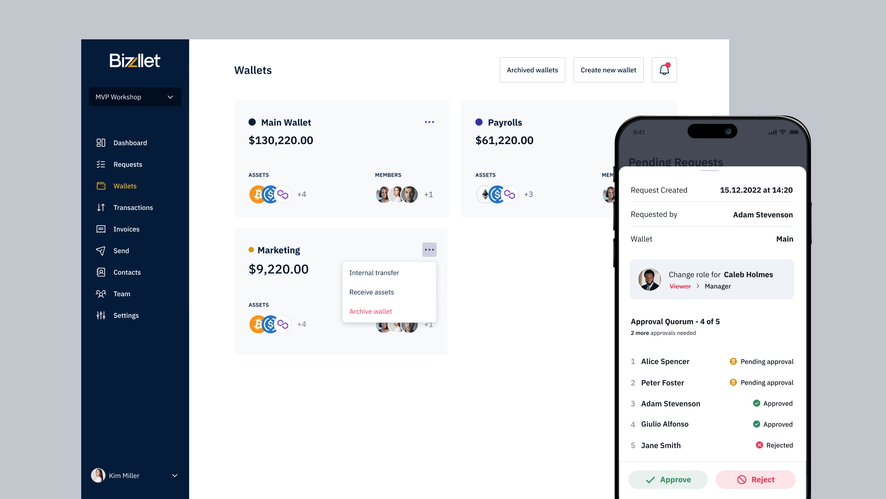 Bizzllet wallets view — Main, Payrolls, Operations, and Marketing wallets each showing balance, assets, and members.