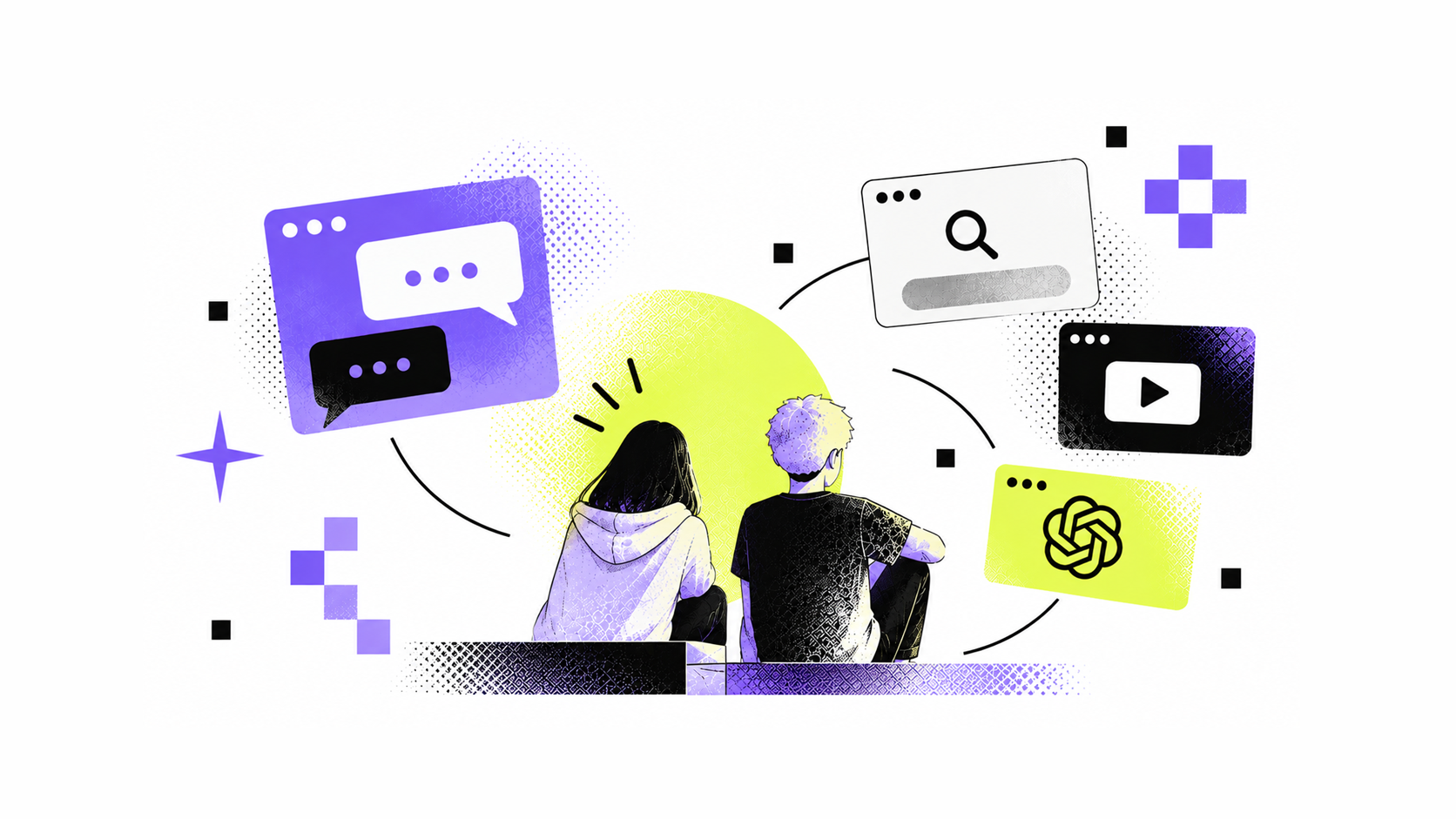 Illustration of two teenagers sitting together, surrounded by chat, search, video and AI windows