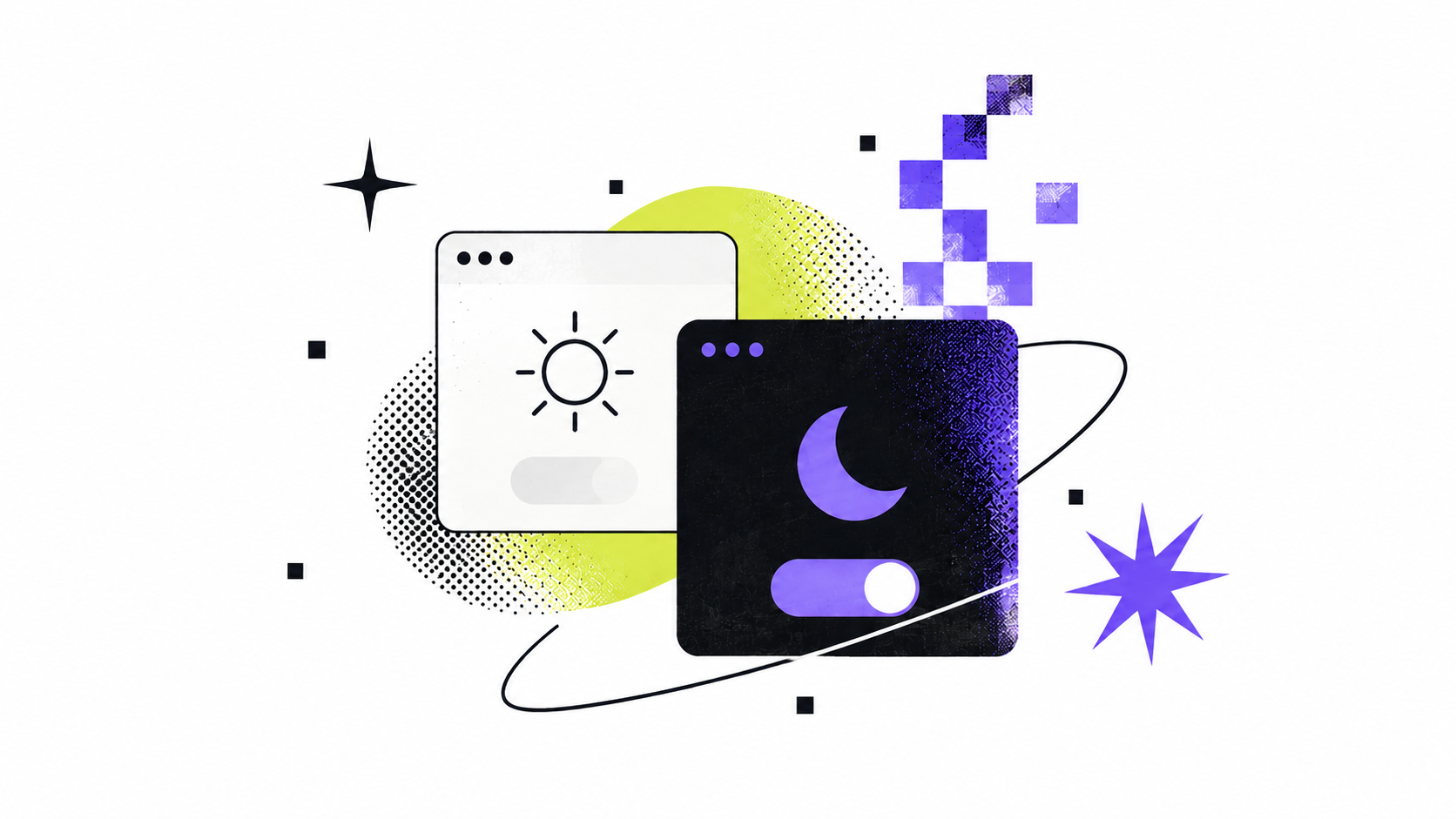 Illustration of a light-mode and a dark-mode window side by side, the dark one toggled on