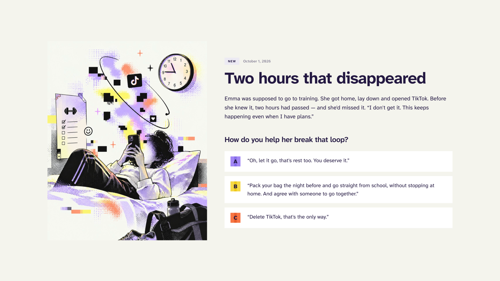Example scenario screen: Emma loses two hours on TikTok and misses training, with three possible responses to choose from