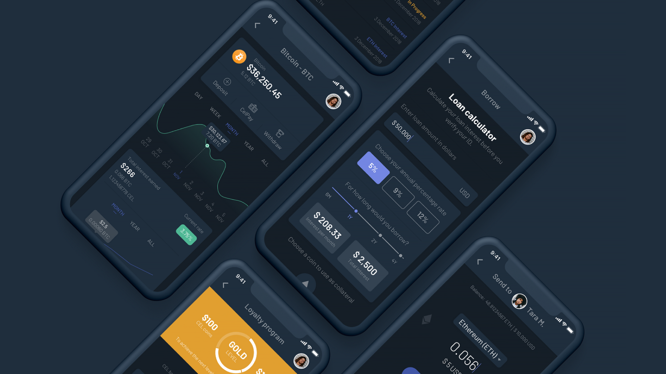 Celsius Loans — multiple mobile screens showing the loan calculator, Bitcoin price chart, loyalty program, and transfer flow.