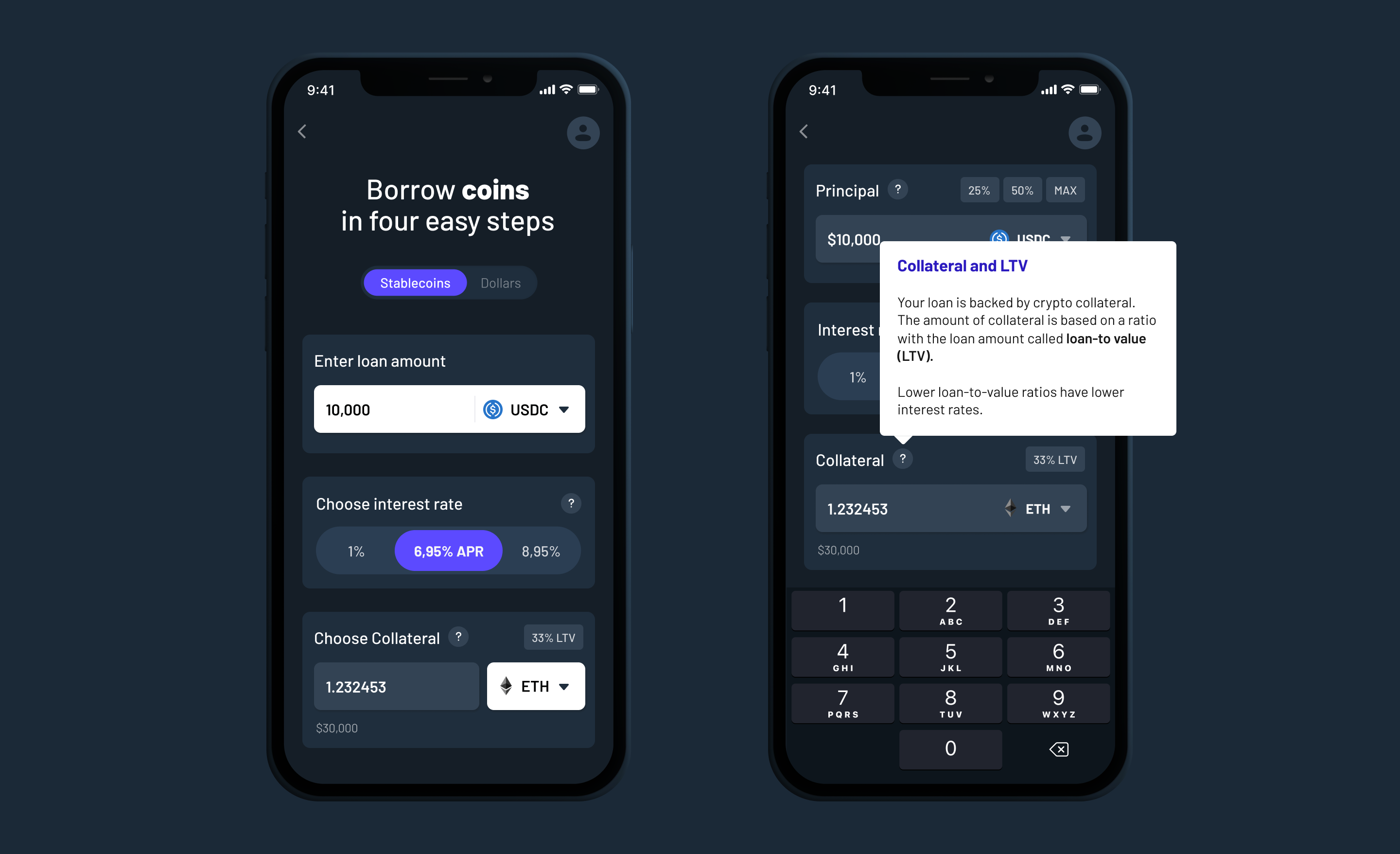 Two mobile screens of the redesigned borrow flow — borrowing coins in four easy steps with principal, interest-rate options, and collateral, plus a contextual 'Collateral and LTV' explainer surfaced inline.