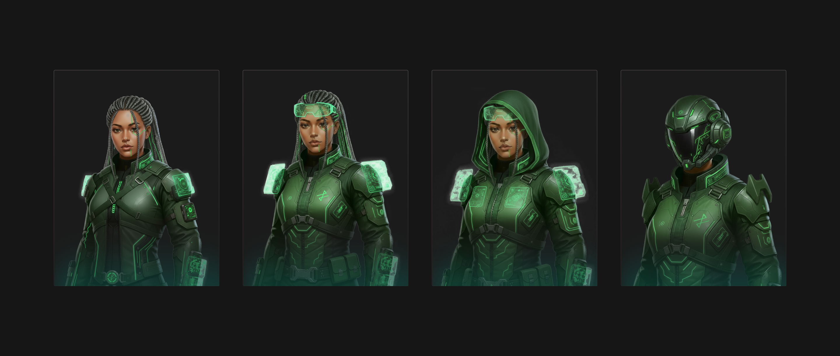 Visual progression of a contributor identity leveling up through four increasingly advanced armor states.