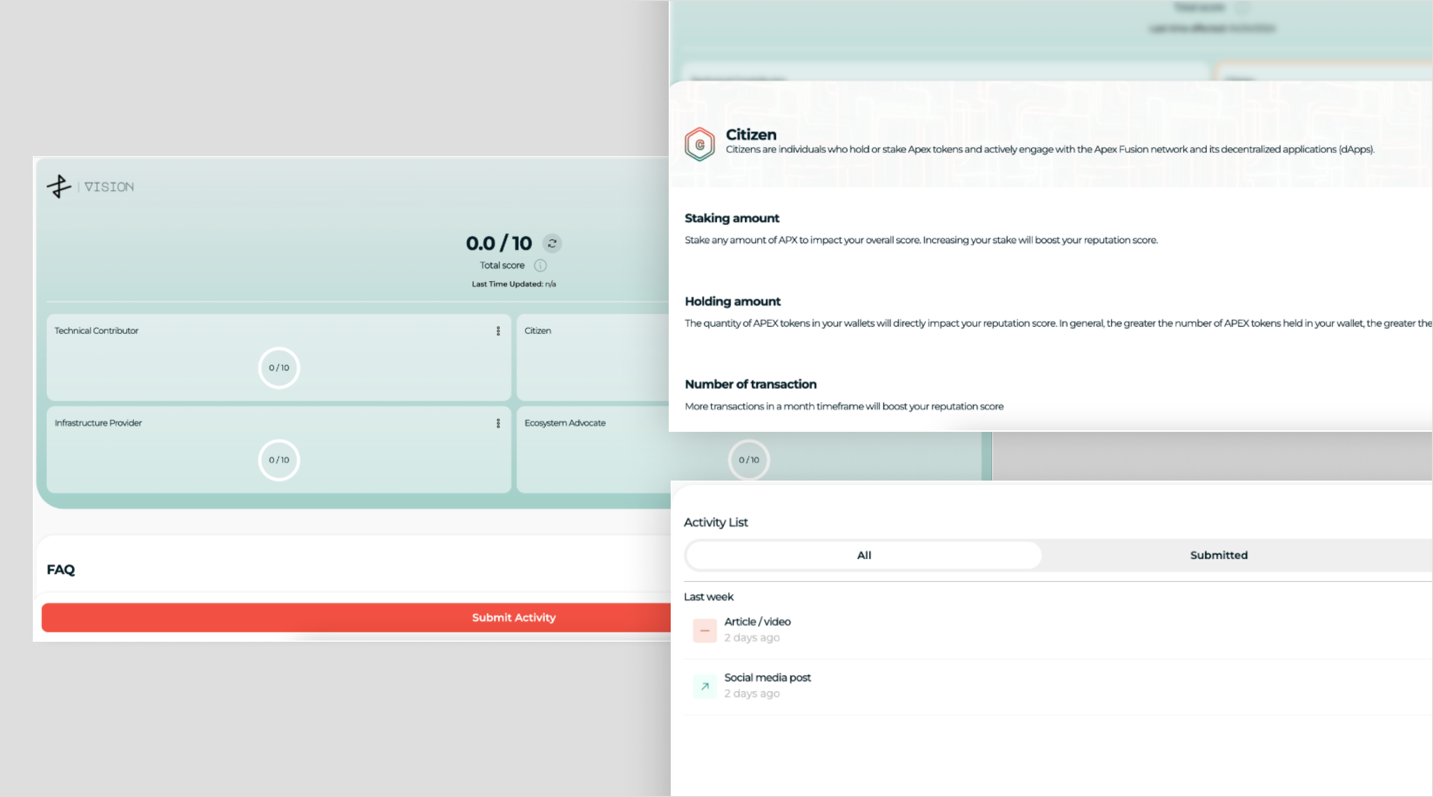 v1 quest hub — initial MVP with a Vision score panel (Technical Contributor, Infrastructure Provider), a Citizen archetype card explaining staking, holding, and transaction count, and an Activity List of submitted actions.