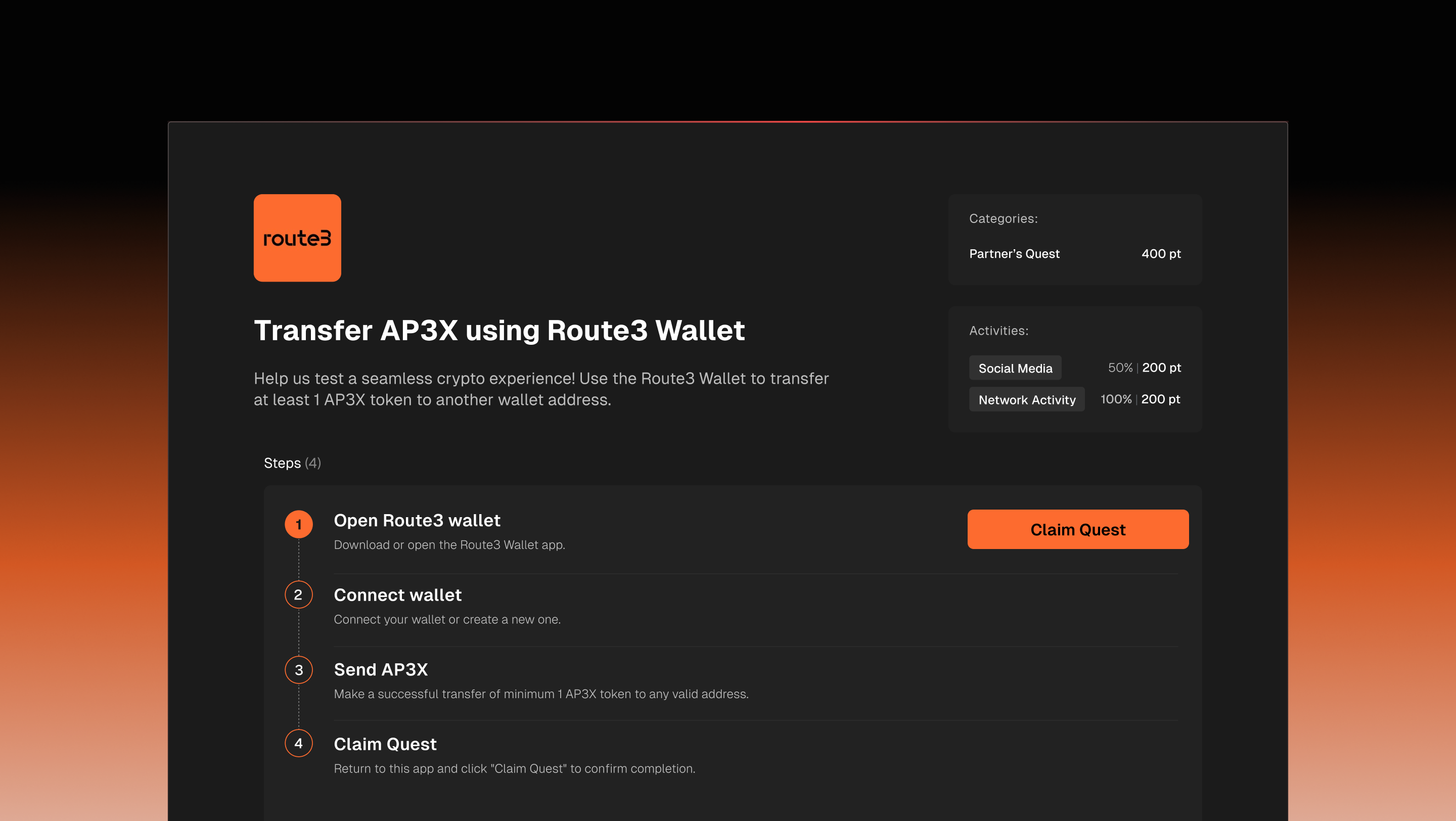 Quest detail — Transfer AP3X using Route3 Wallet, a partner quest with categories, activity weighting, and a four-step flow ending in Claim Quest.