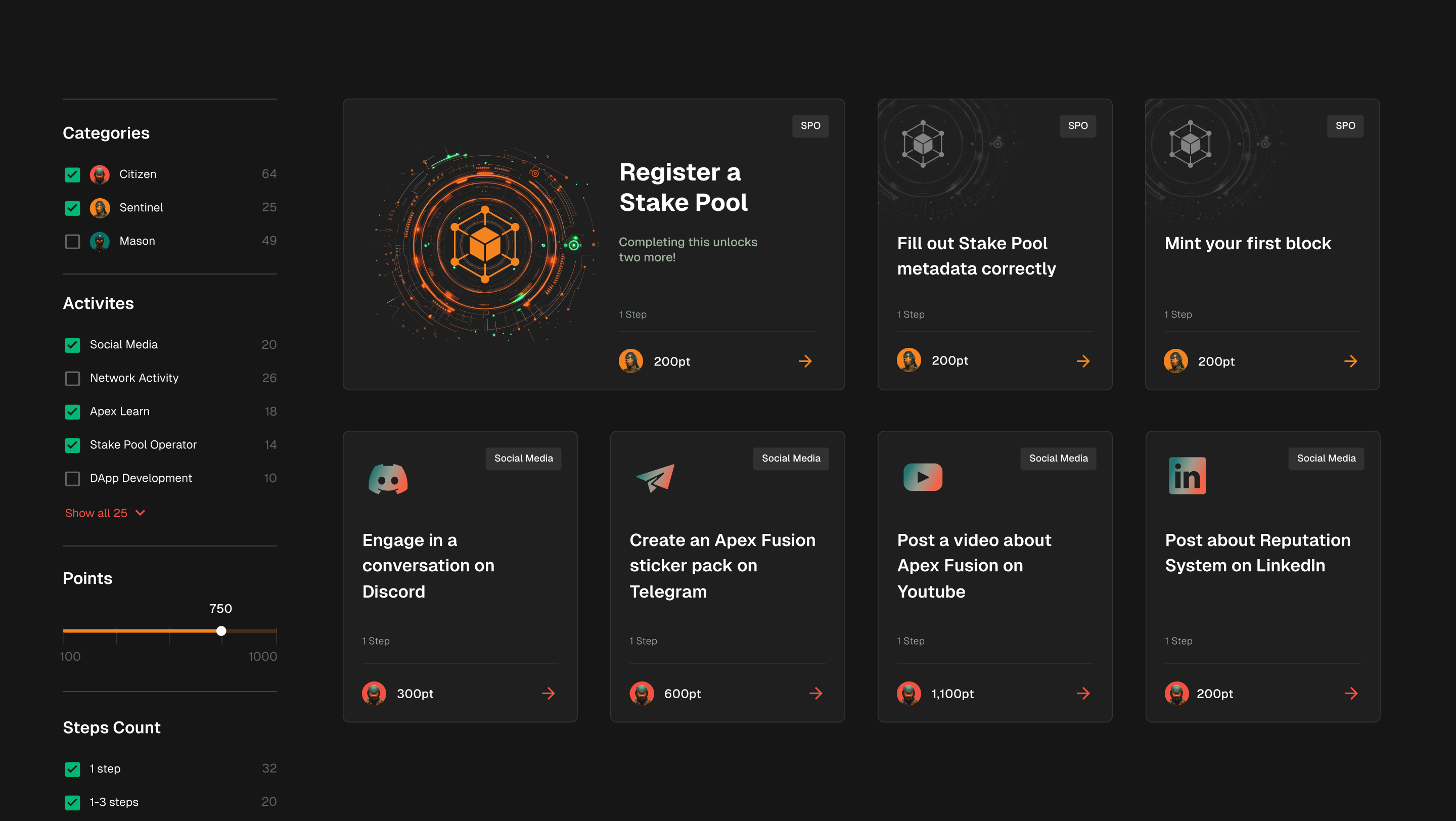 Quest catalogue — filterable grid of quests by archetype, activity, points, and step count, from stake-pool operations to social media.