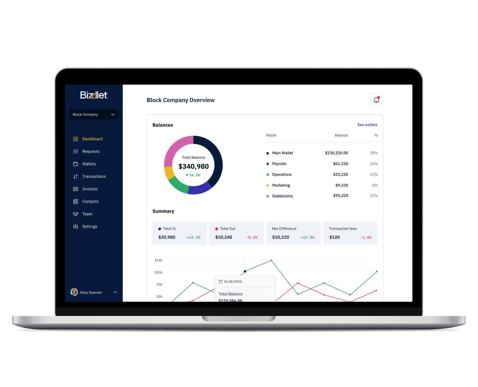 Bizzllet — business treasury dashboard with balances and summary.