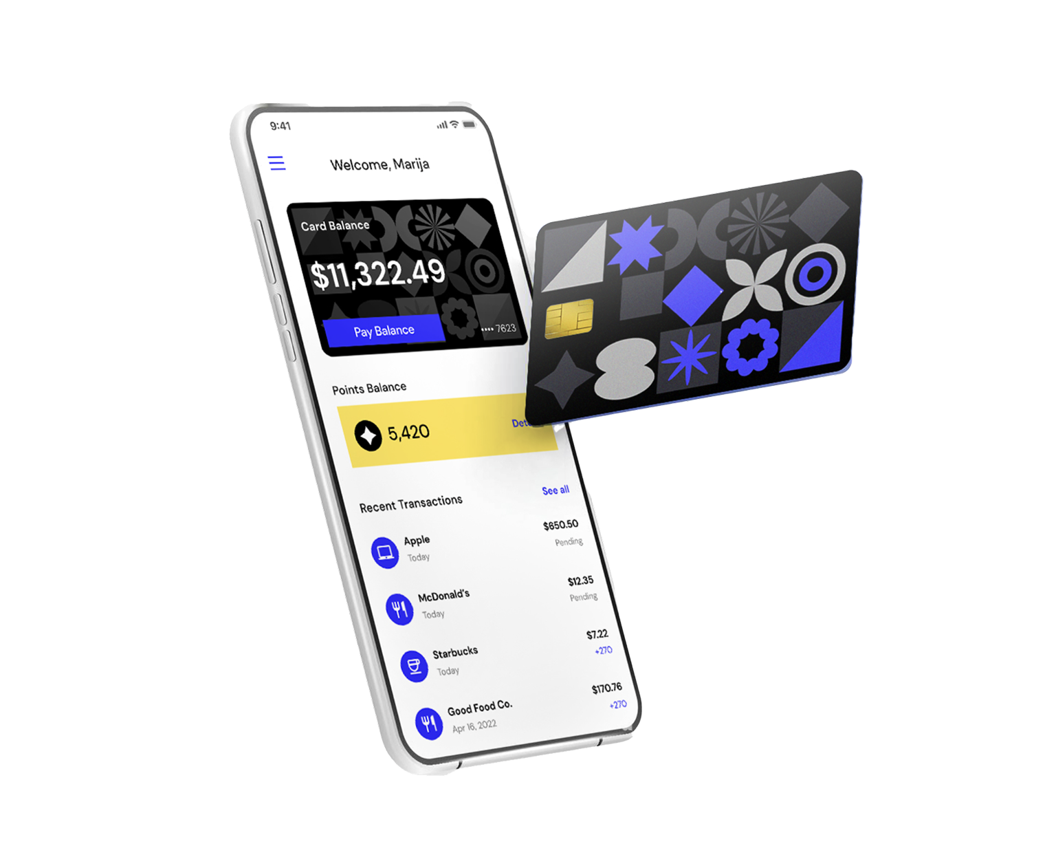 Consumer card app — card balance of $11,322.49 and a geometric crypto credit card.