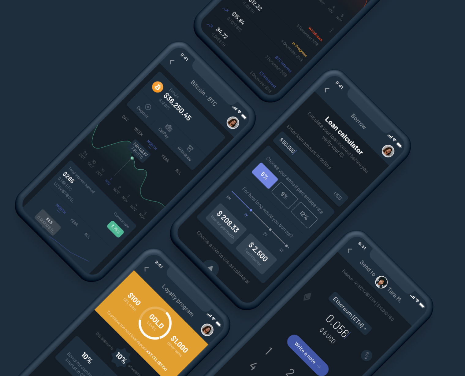 Celsius Loans — loan calculator and crypto-backed borrowing screens.