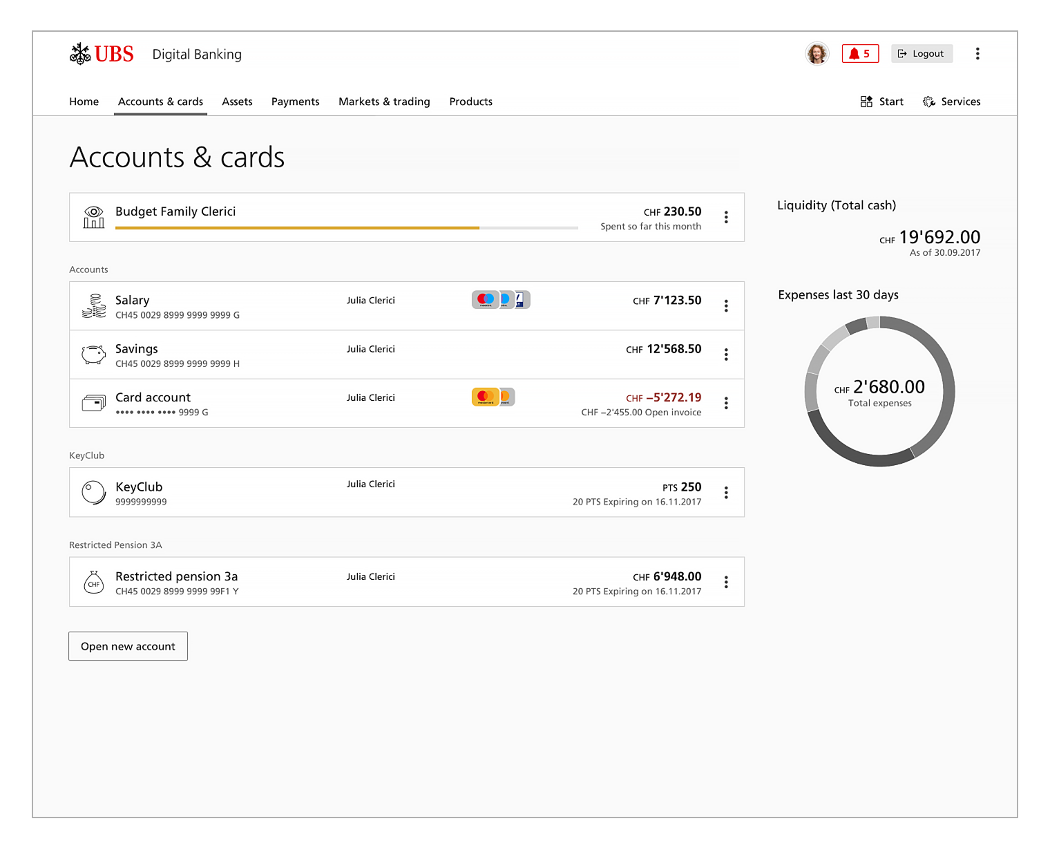 UBS Digital Banking — Accounts & cards overview with balances and expenses.