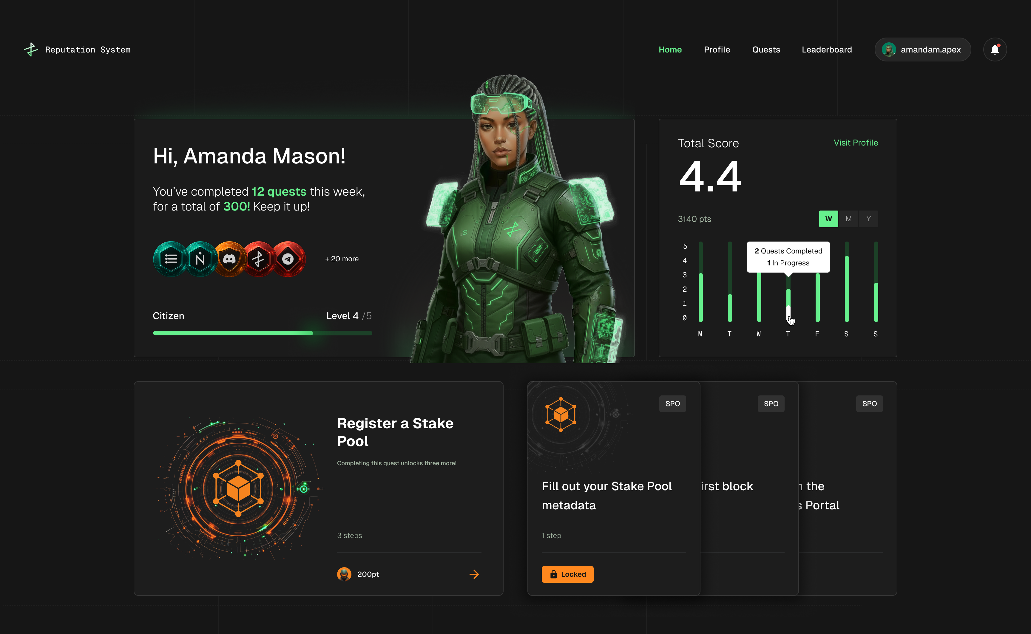 Reputation System dashboard — Amanda Mason's profile with completed quests, badges, Citizen level progression, weekly Total Score chart, and stake-pool quest cards.