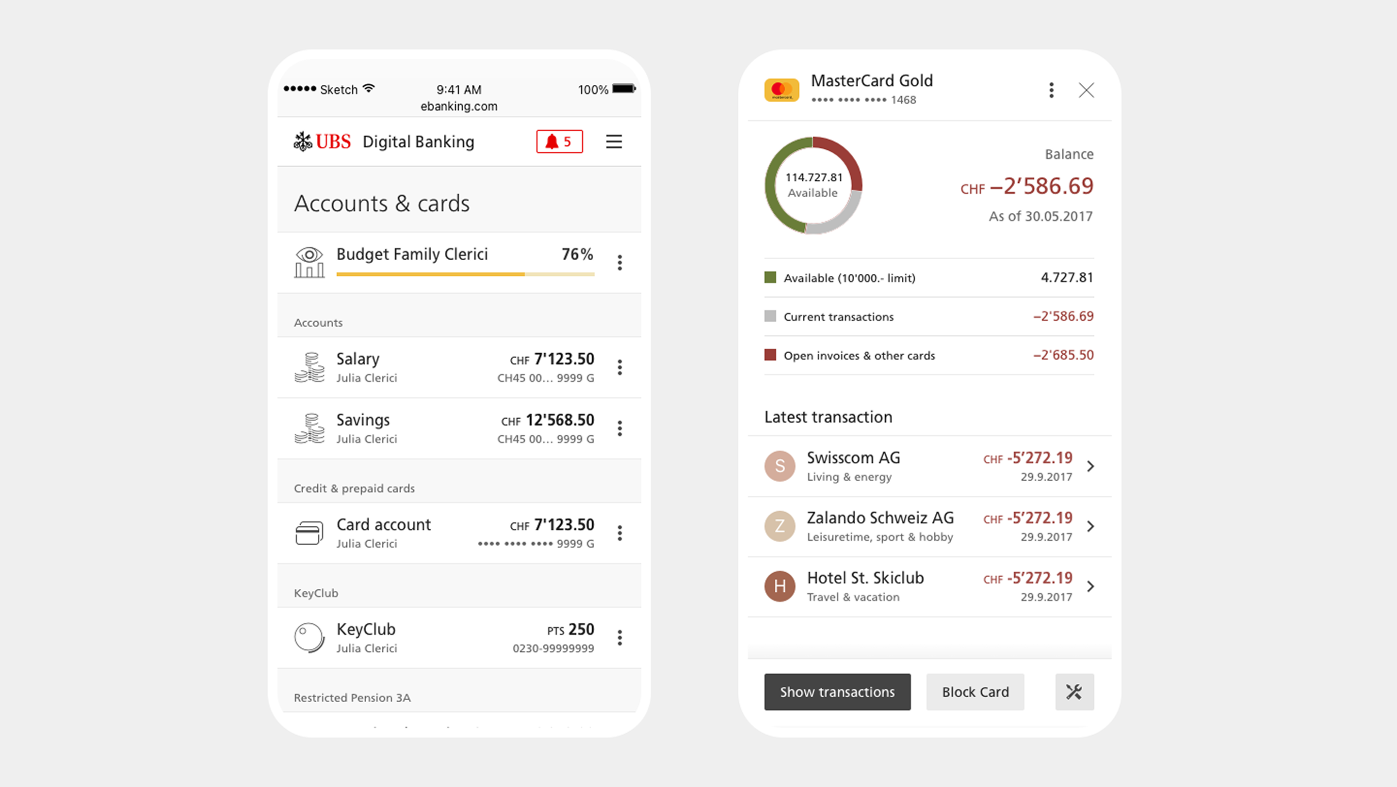 UBS Digital Banking mobile — Accounts & cards list and a MasterCard Gold balance detail with latest transactions.