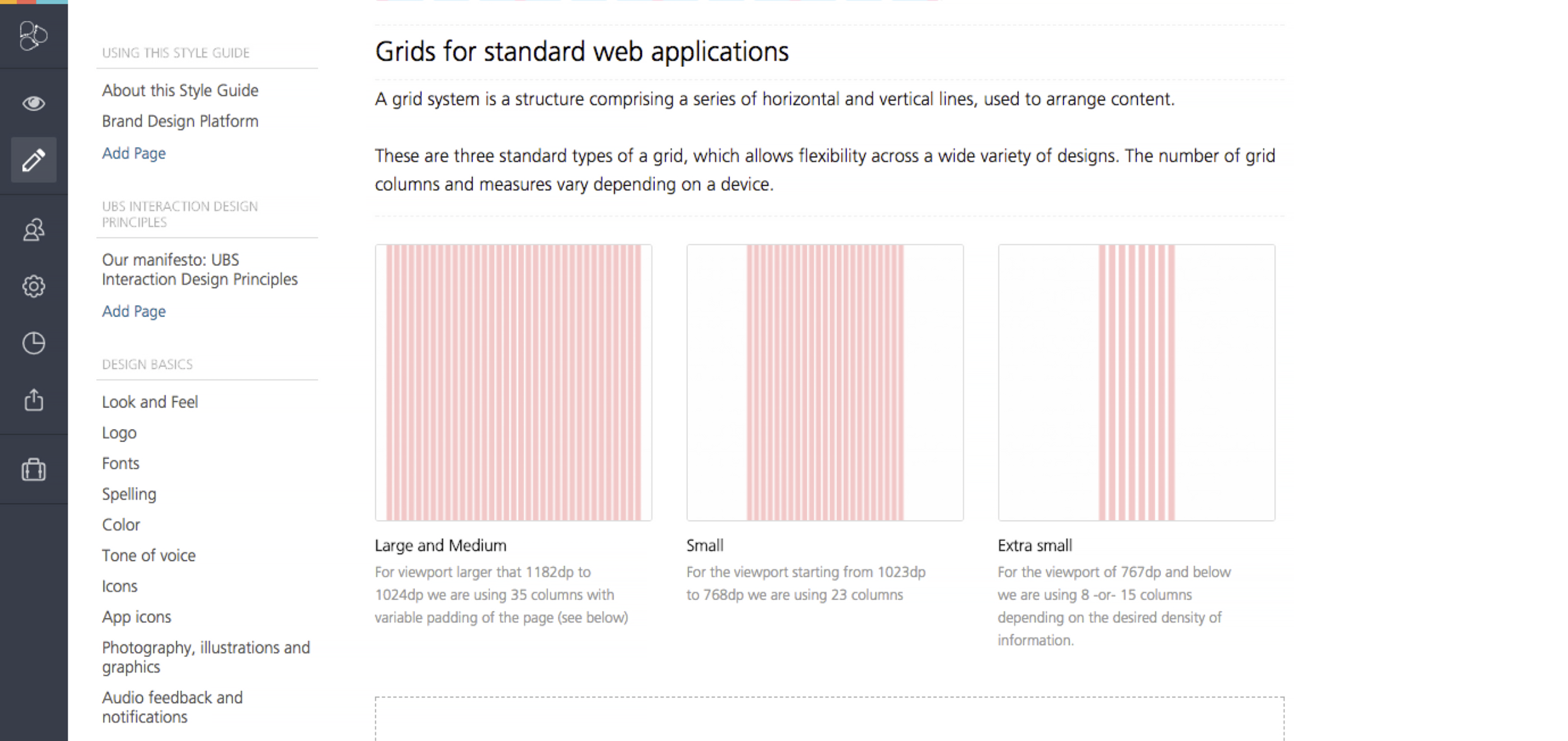 UBS Frontify style guide — 'Grids for standard web applications' page showing large/medium, small, and extra-small column grids.