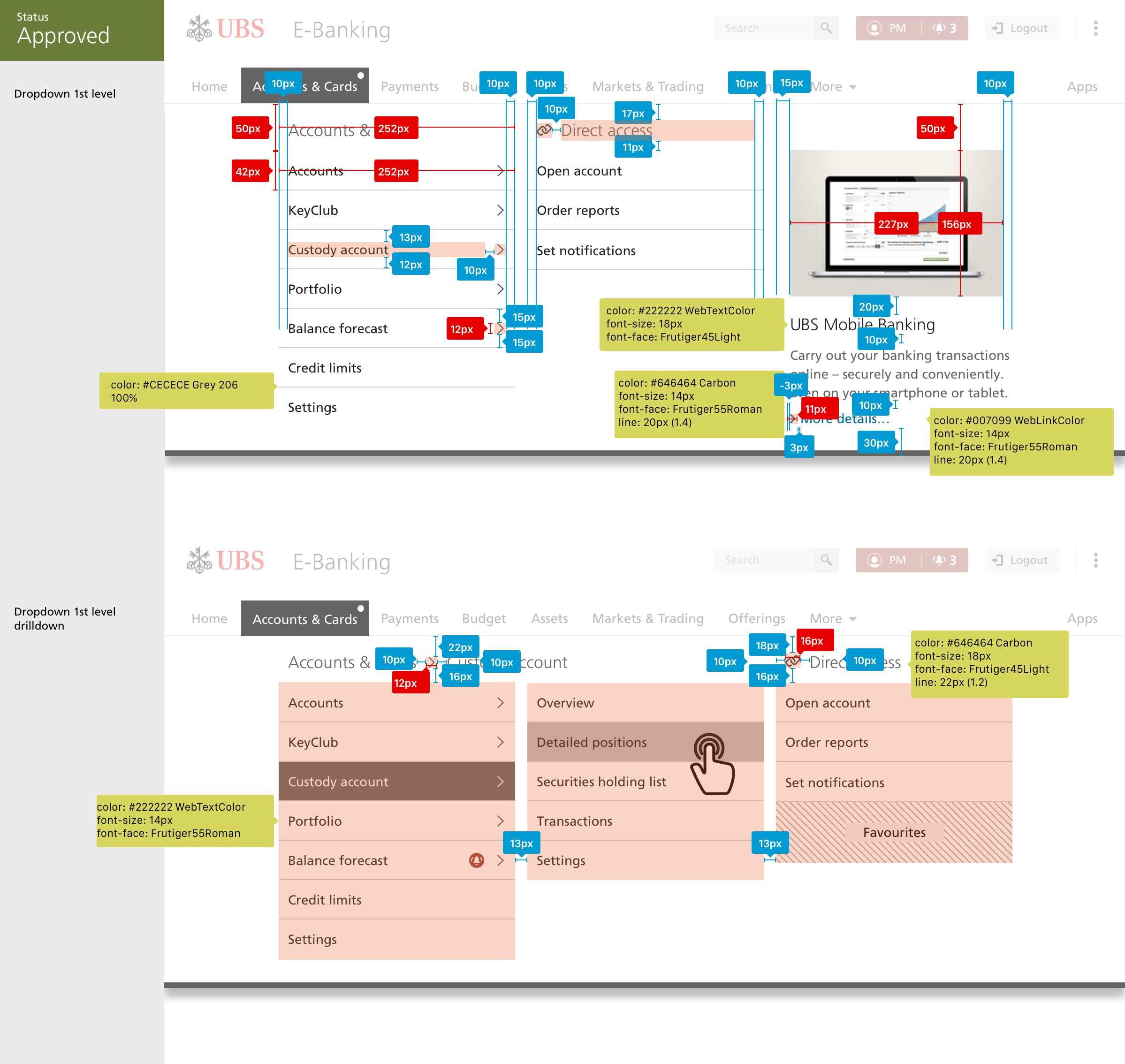 UBS E-Banking global navigation dropdown — redline spec sheet annotating spacing, colors, and typography for the Accounts & Cards mega-menu.