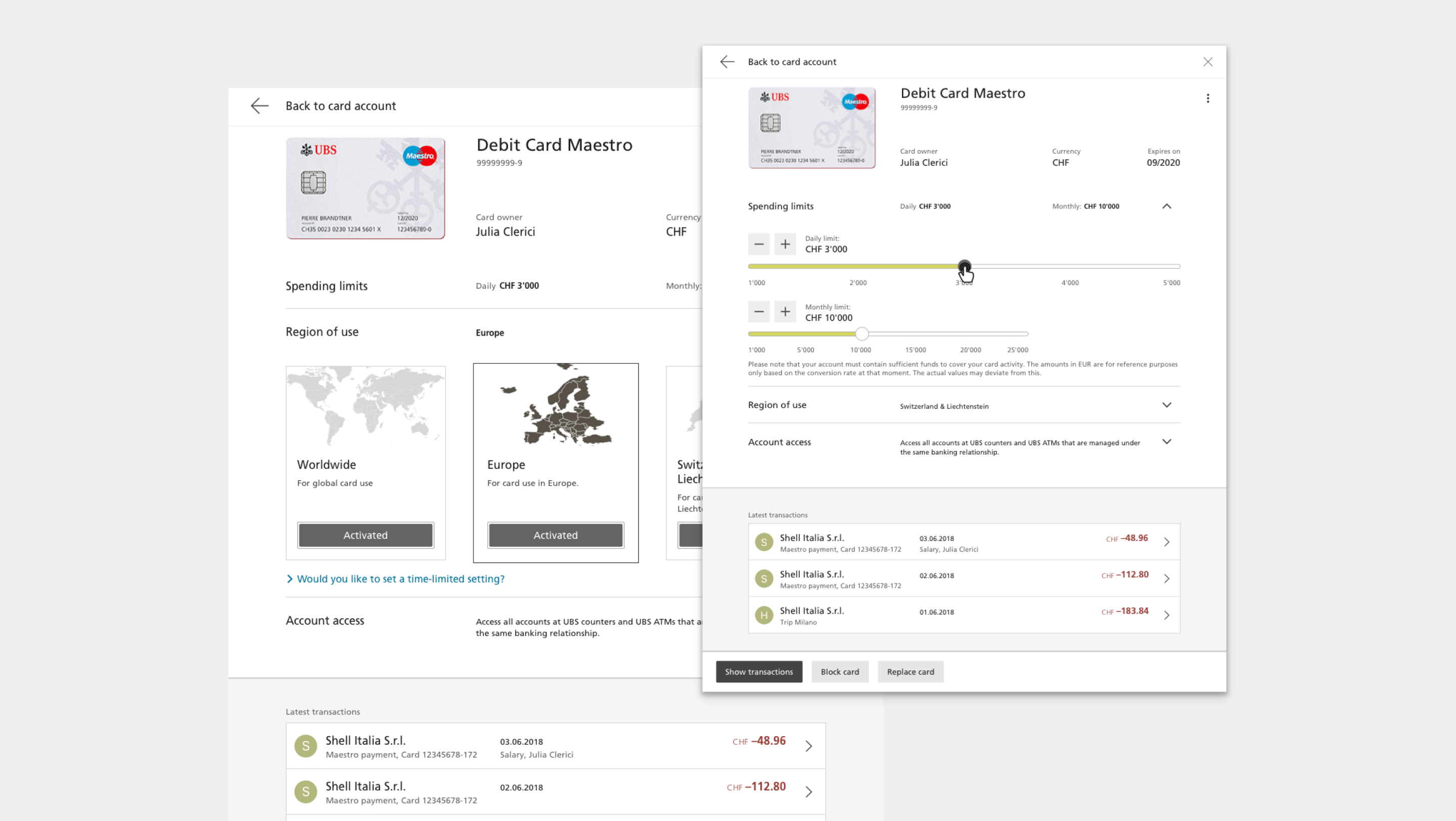 UBS Digital Banking desktop — Accounts & cards overview with liquidity and a 30-day expenses chart.